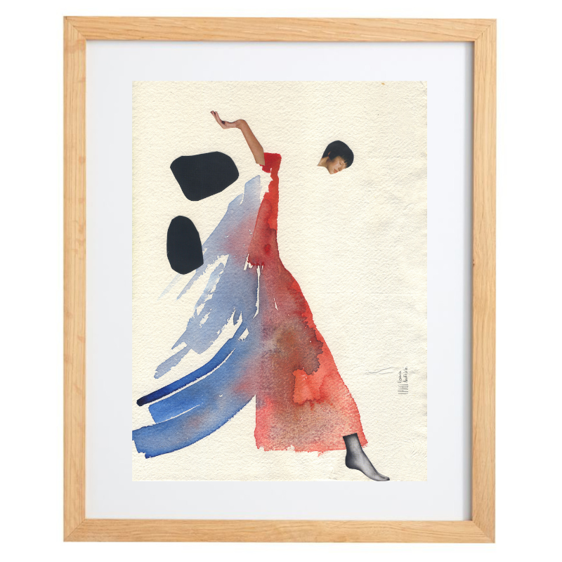 Blue and pink fashion watercolour artwork in a natural frame