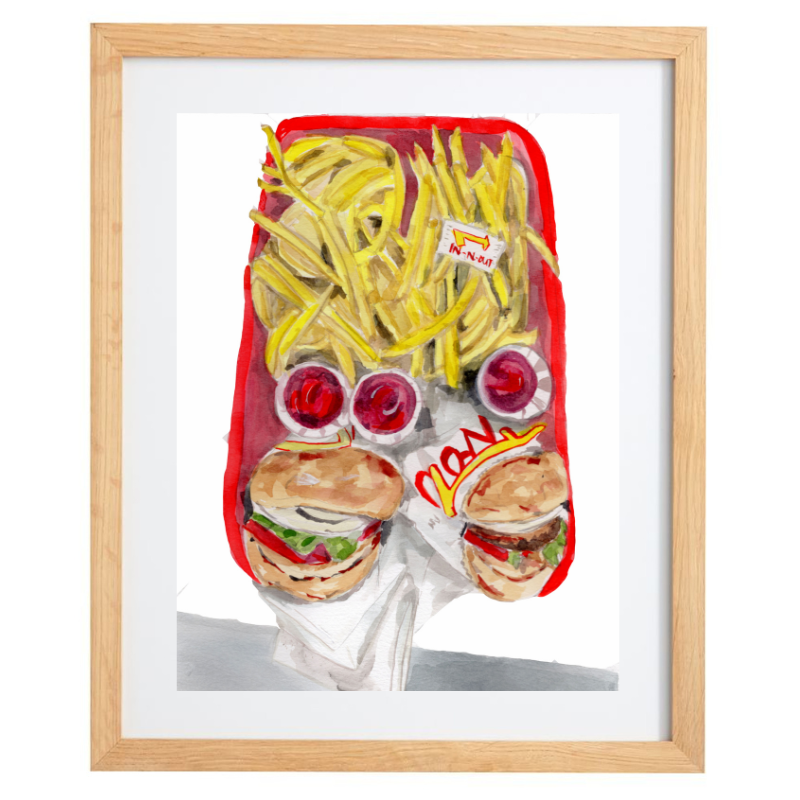 Watercolour In-N-Out artwork in a natural frame