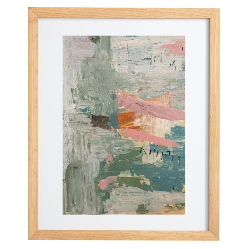 Blue, green, and pink abstract artwork in a natural frame
