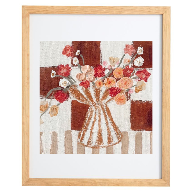 Artwork of a striped vase with flowers over a checkered background in a natural frame