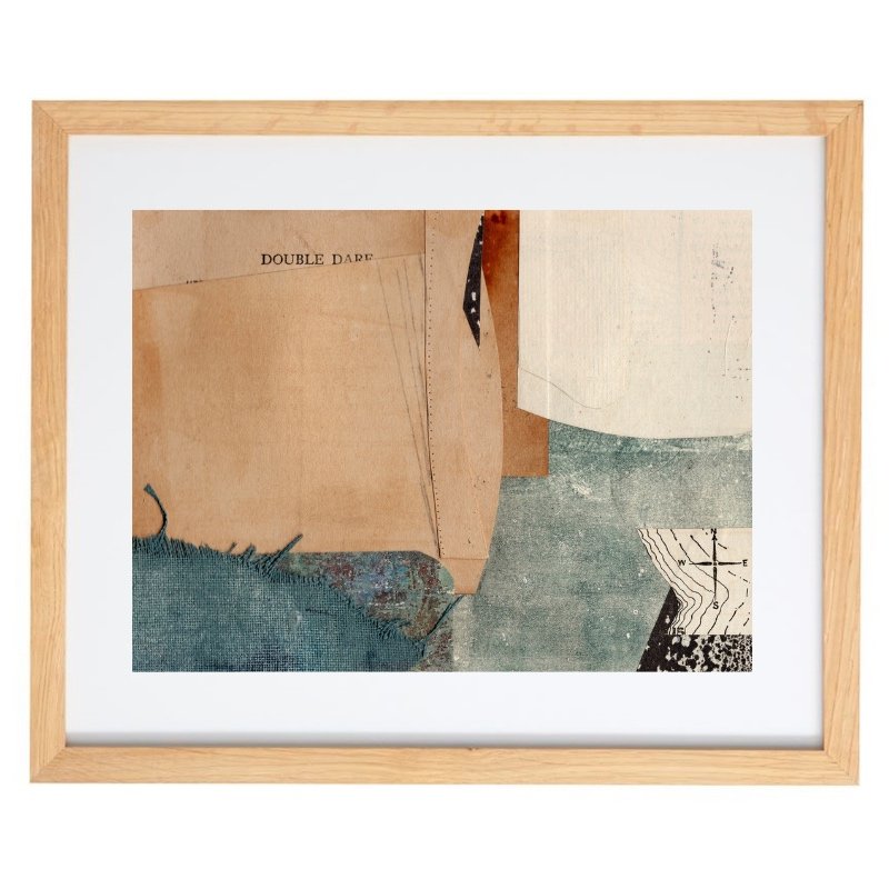 Abstract vintage paper collage artwork in a natural frame