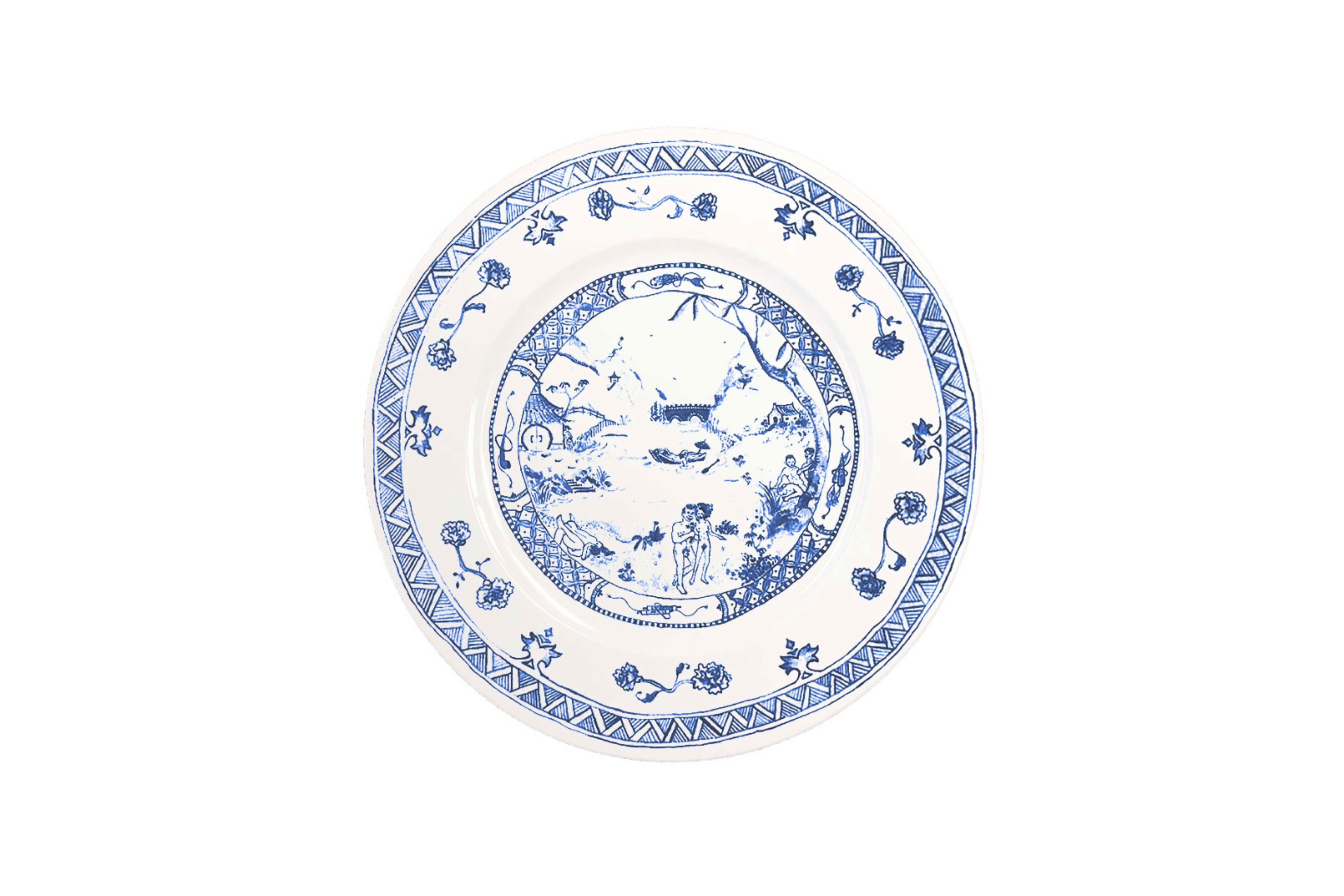 Blue and white porcelain plate with nature and human figure elements