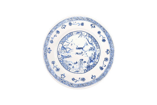 Blue and white porcelain plate with nature and human figure elements