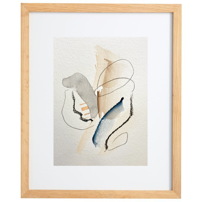Abstract watercolour artwork in neutral palette in a natural frame