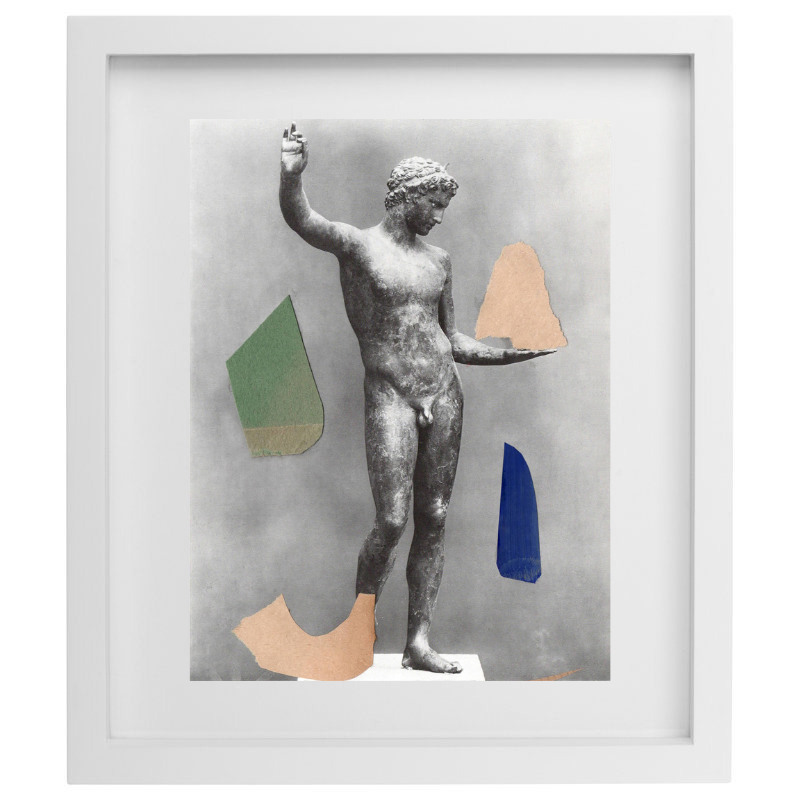 Statue with shapes artwork in a white frame