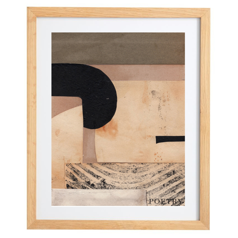 Neutral coloured vintage collage artwork in a natural frame
