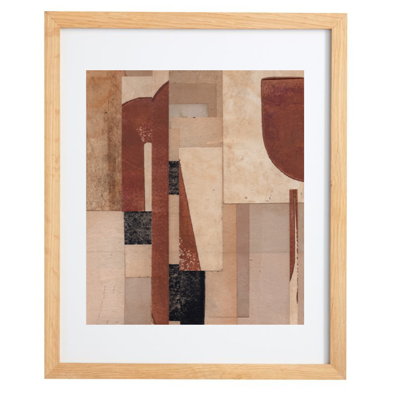 Neutral coloured vintage collage artwork in a natural frame
