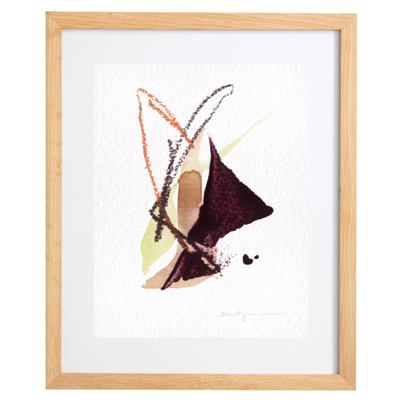 Dark purple, green, and brown minimalist artwork in a natural frame