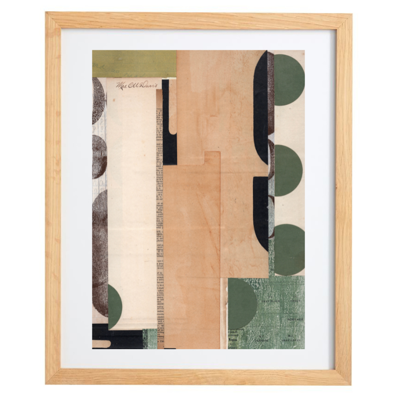 Abstract green and beige vintage paper collage artwork in a natural frame
