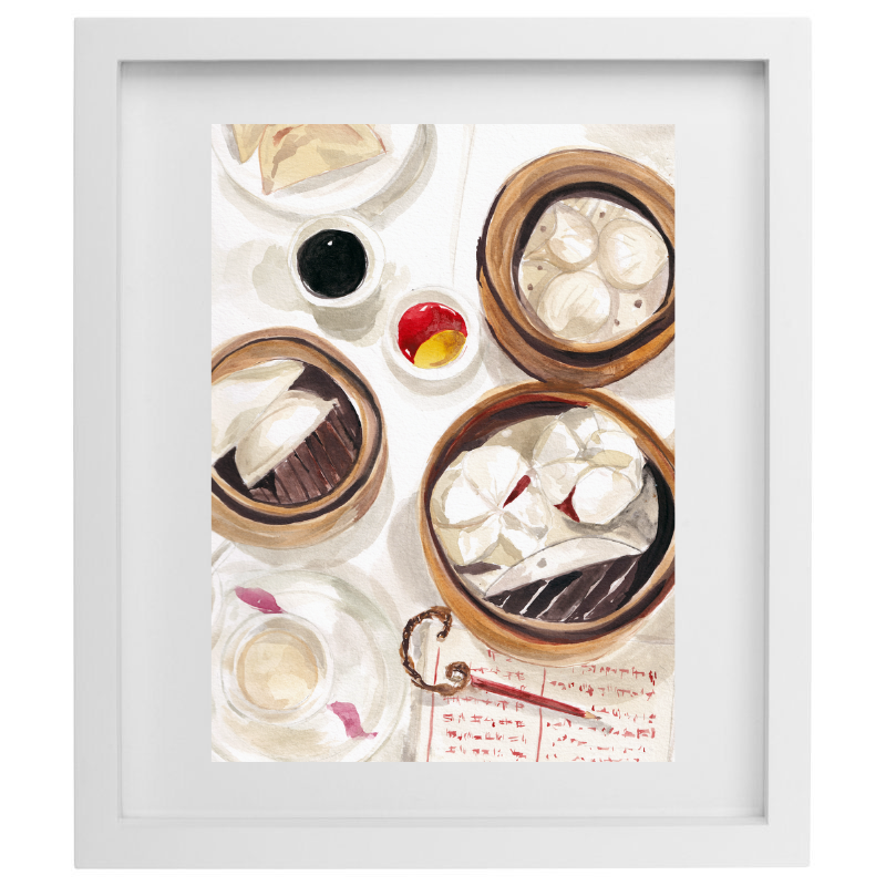 Watercolour dim sum artwork in a white frame