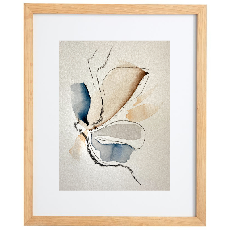 Abstract watercolour artwork in neutral palette in a natural frame