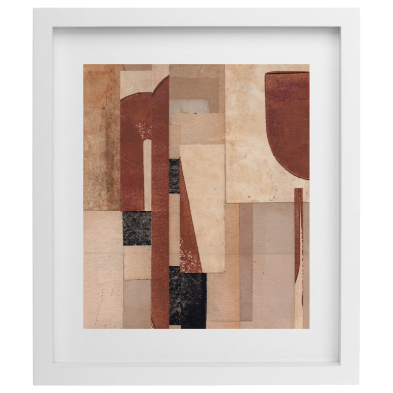 Neutral coloured vintage collage artwork in a white frame