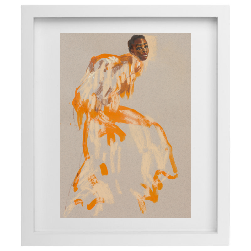 Abstract artwork of a human form with an orange and yellow outfit in a white frame