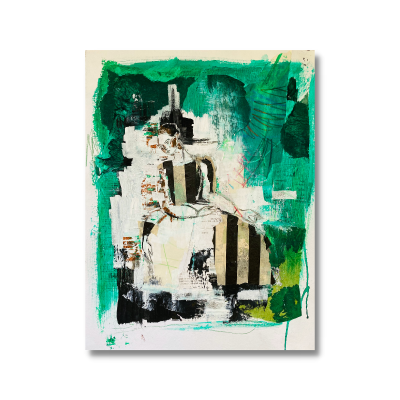 Abstract mixed media female form with green background