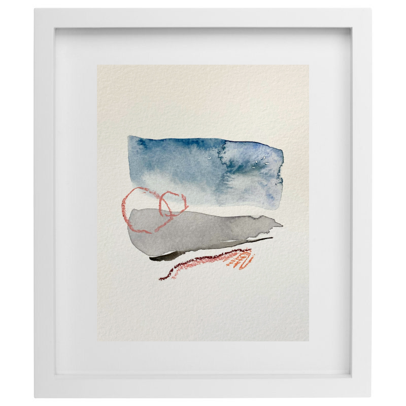 Blue, grey, and pink minimalist watercolour artwork in a white frame