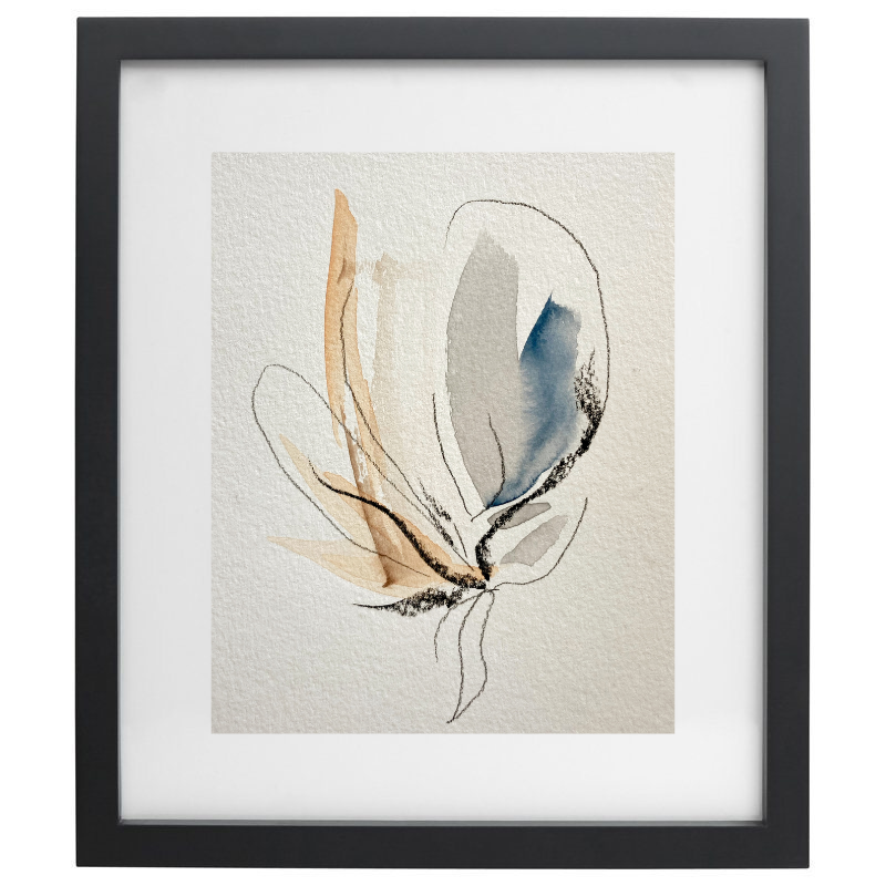 Abstract watercolour artwork in neutral colours in a black frame