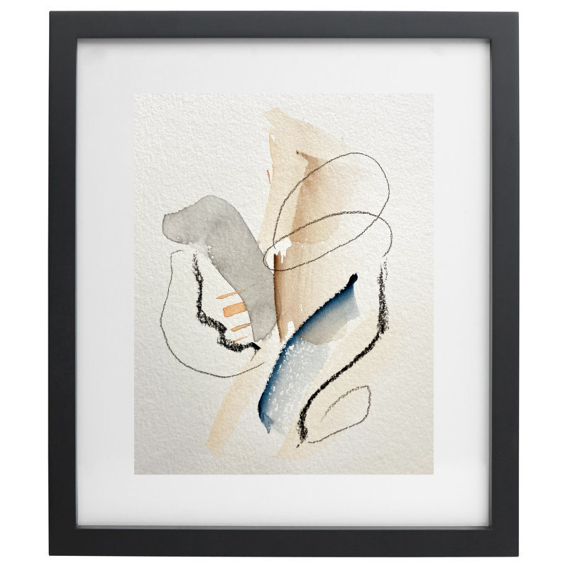 Abstract watercolour artwork in neutral palette in a black frame