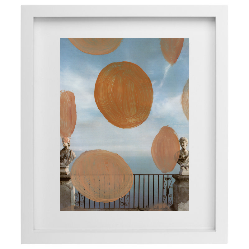 Abstract multimedia artwork in a white frame