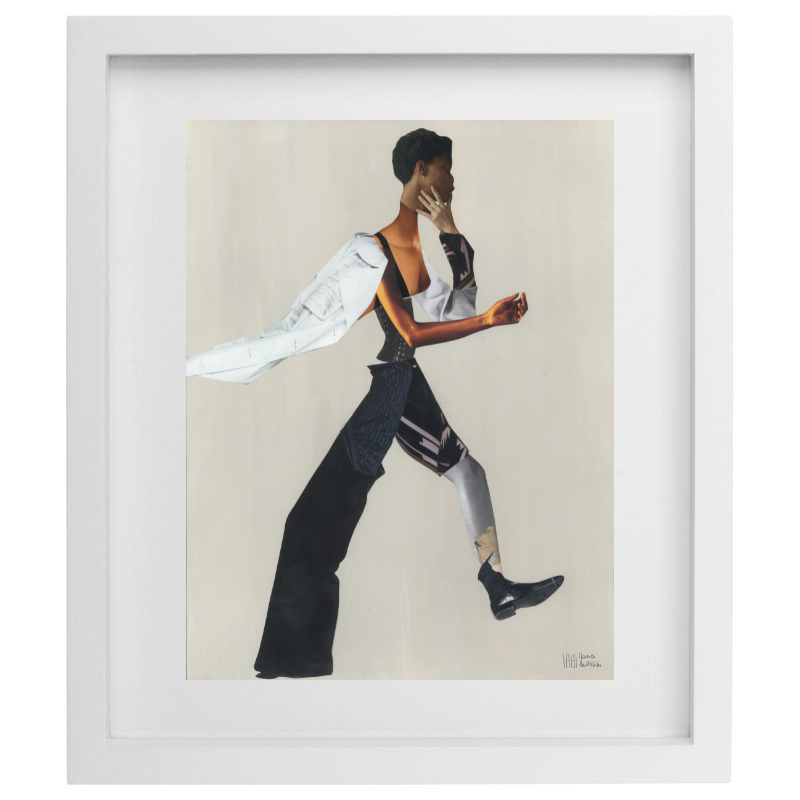Fashion collage artwork in a white frame