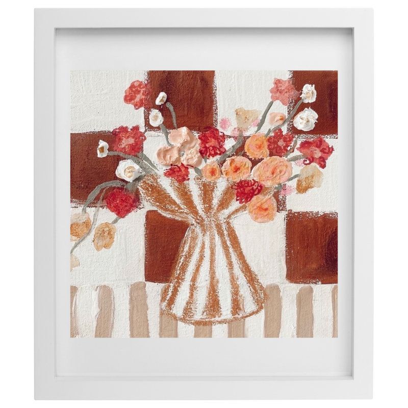 Artwork of a striped vase with flowers over a checkered backgrounding in a white frame