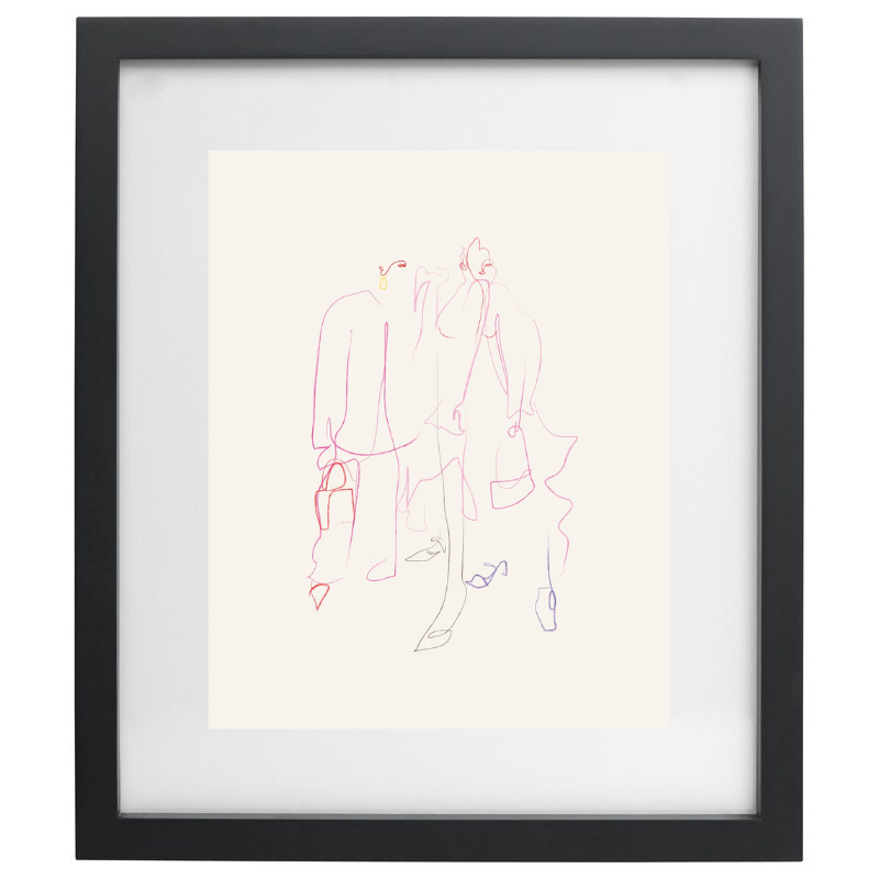 Abstract minimalist multicolour line artwork in a black frame