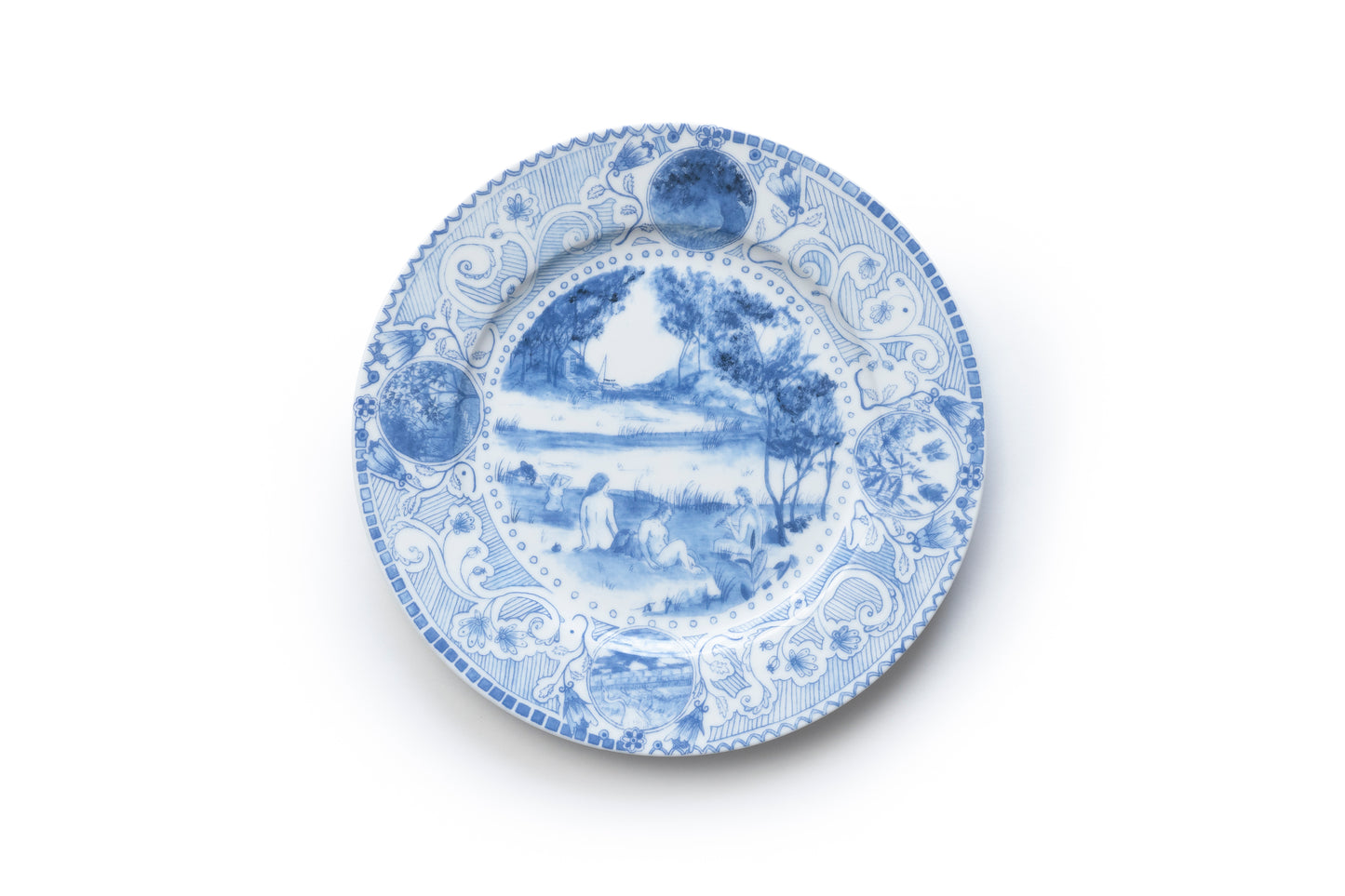 Blue and white porcelain plate with nature and human figure elements