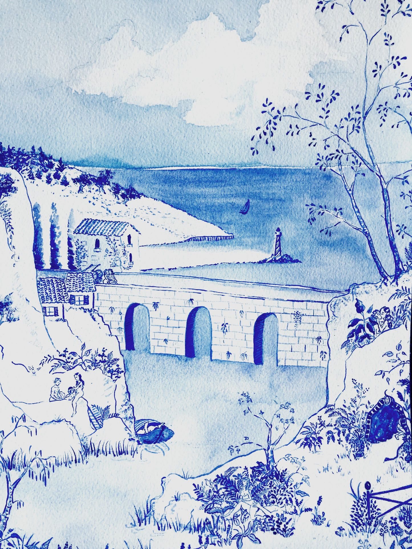 Blue and white watercolour artwork