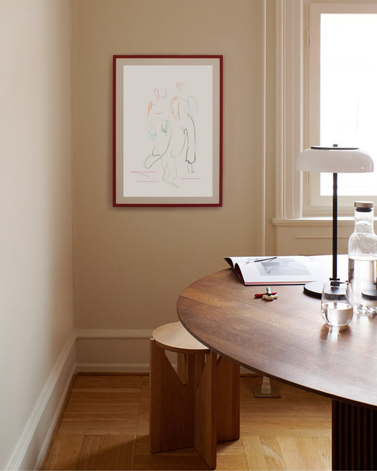 Abstract minimalist multicolour line artwork pictured on the wall