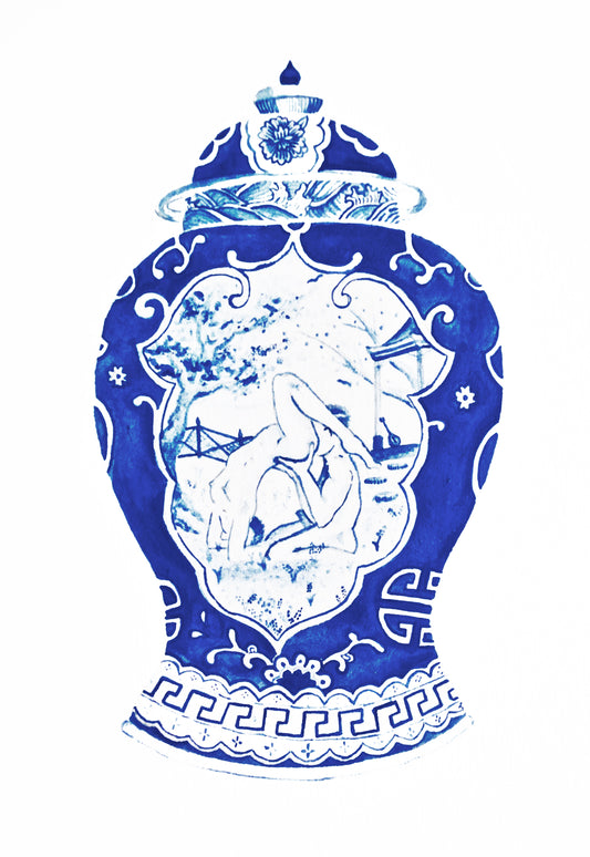 Blue and white vessel watercolour artwork