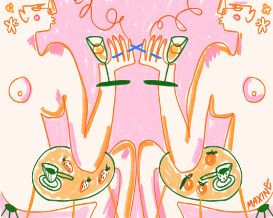 Abstract female forms drinking and eating artwork