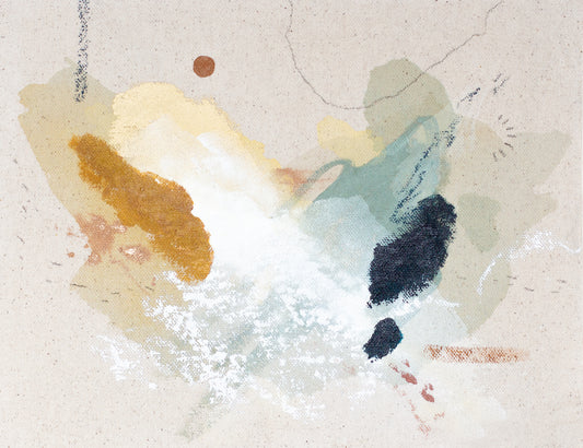 Abstract blue, orange, and beige artwork