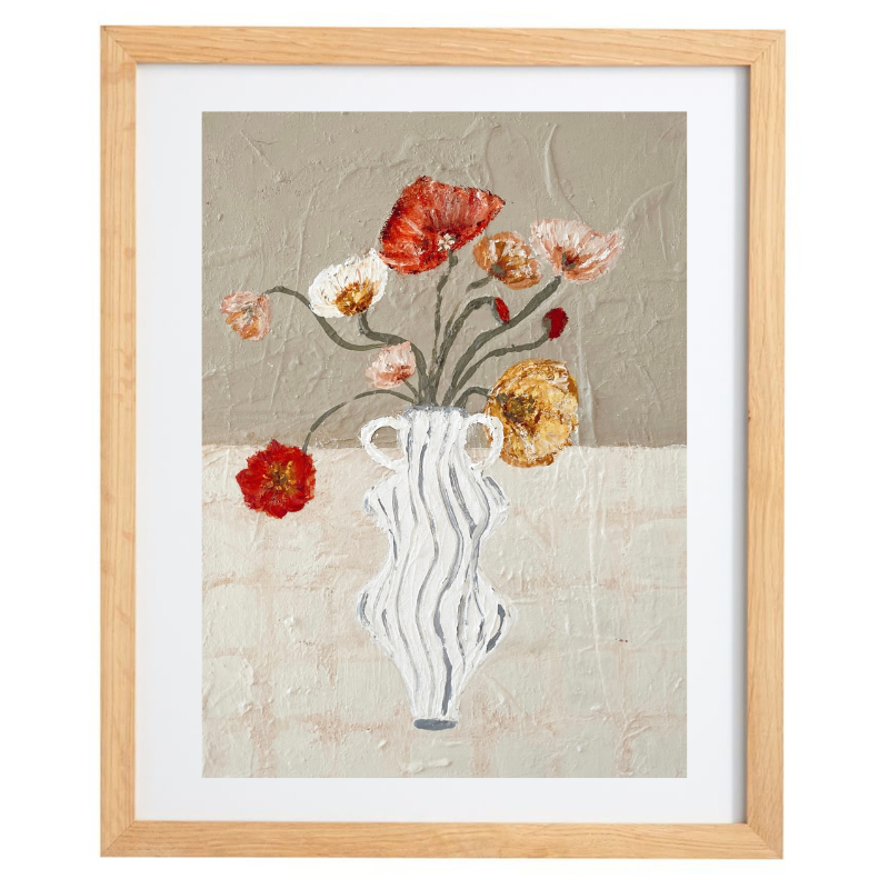 Artwork of a striped vase with poppies over a neutral background in a natural frame