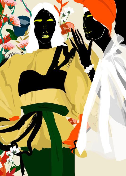 Female forms and florals colour blocked artwork