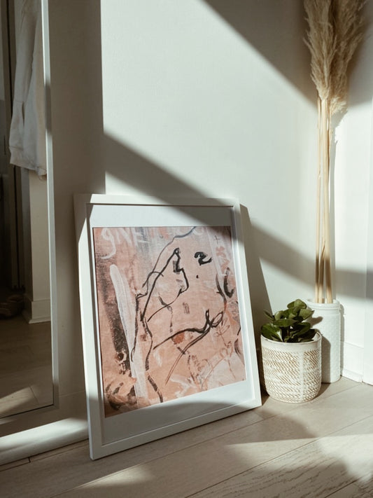 Abstract female form with a natural colour palette pictured propped against a wall