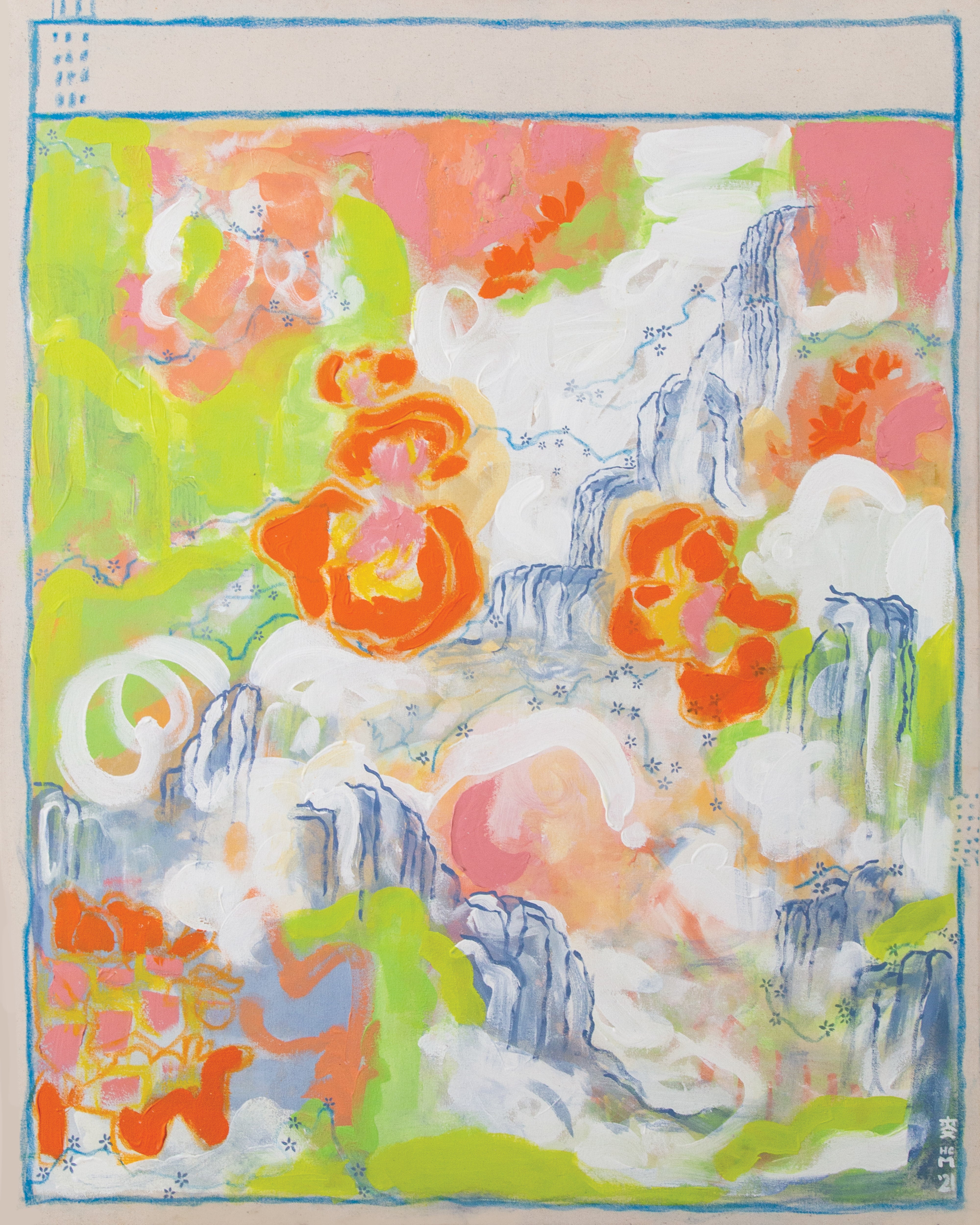 Green, pink, orange, and white abstract artwork