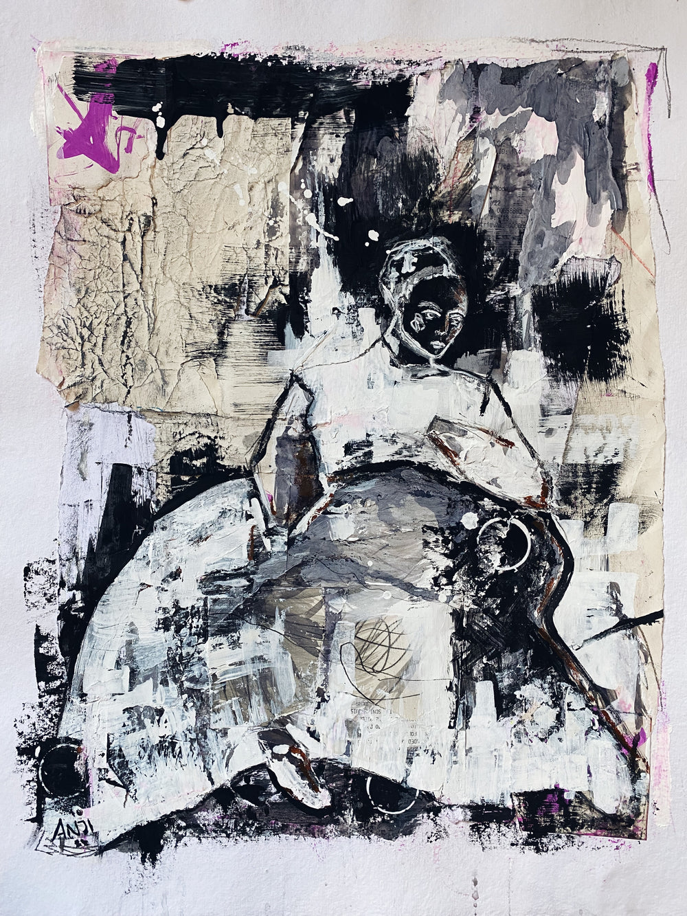 Abstract mixed media human figure artwork with a pop of colour