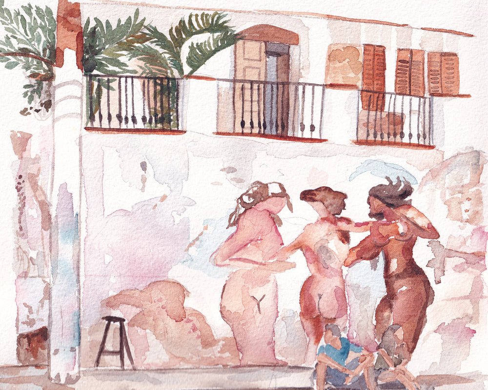Tropical female figures watercolour artwork