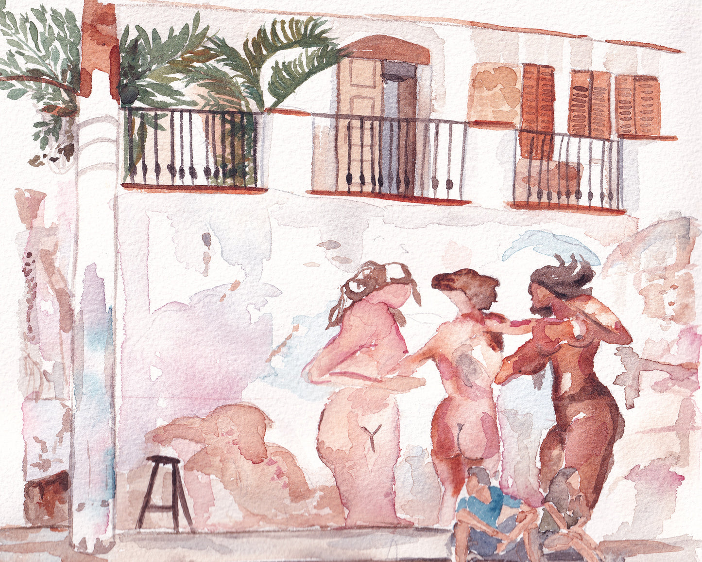 Tropical female figures watercolour artwork