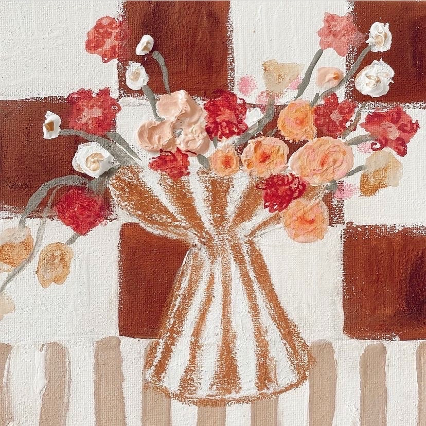 Artwork of a striped vase with flowers over a checkered background