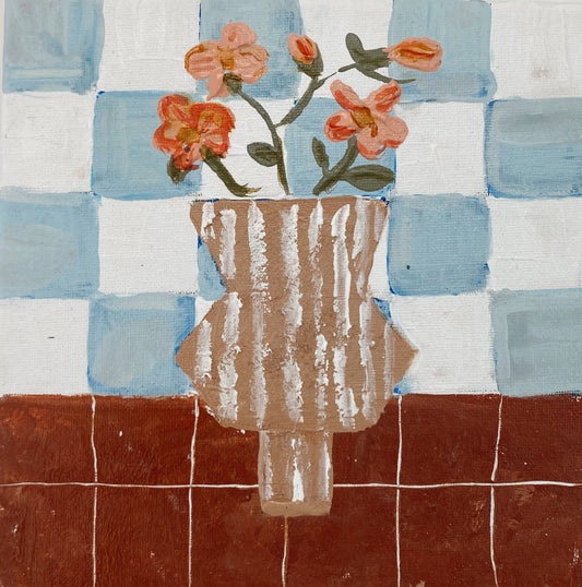 Artwork of a striped vase with flowers over a light blue checkered background