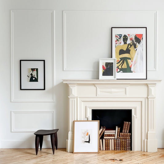 Minimalist colour blocked female figure artwork pictured on the wall