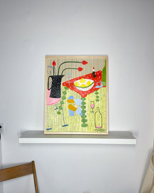 Abstract colourful still life artwork pictured leaning against a wall