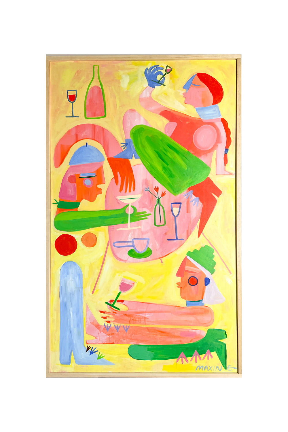 Yellow, green, pink, and blue abstract artwork pictured on the wall