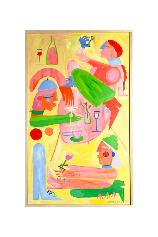 Yellow, green, pink, and blue abstract artwork pictured on the wall