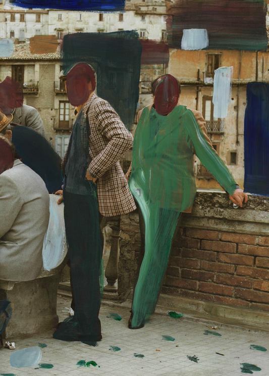 Photography of men in Italy with painting over top