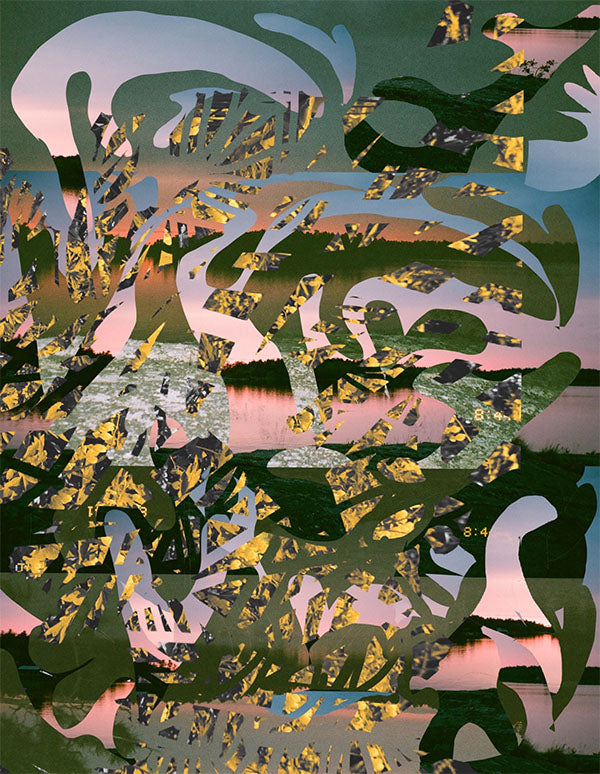 Abstract landscape art with green, blue, pink, and yellow