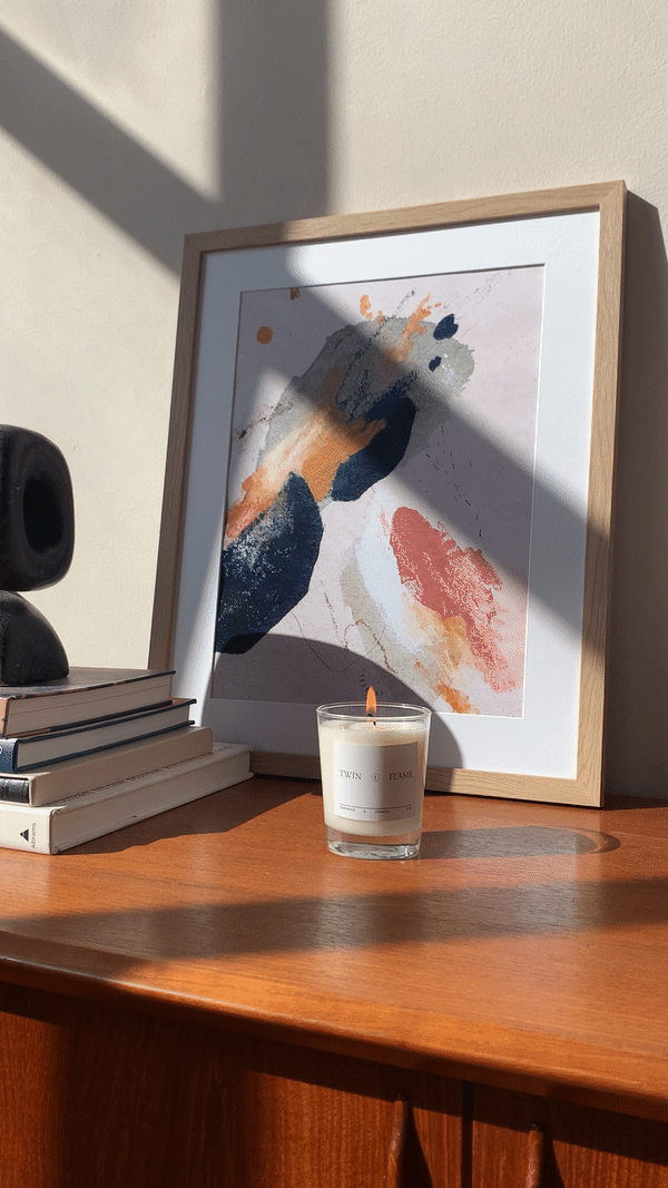 Colours of dusk abstract artwork pictured leaning against a wall