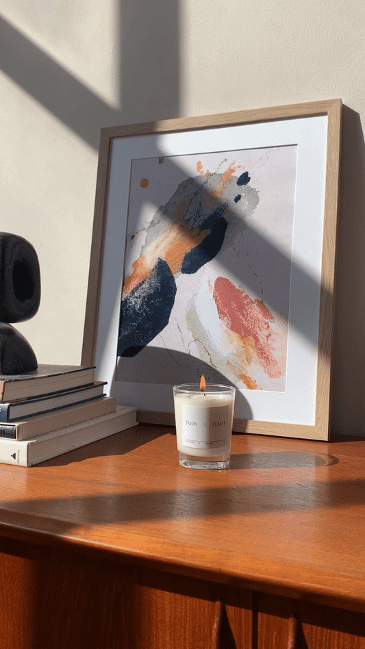 Colours of dusk abstract artwork pictured leaning against a wall