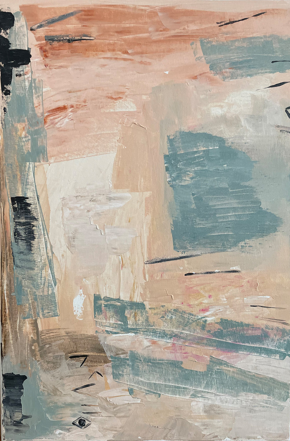 Abstract blue, beige, and pink artwork