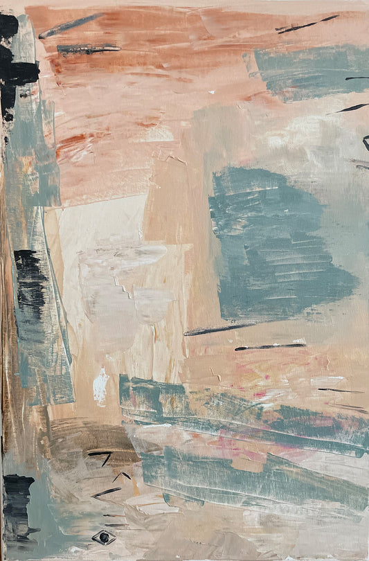 Abstract blue, beige, and pink artwork